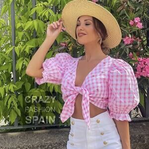 ZARA WOMAN NWT PINK-WHITE CROPPED GINGHAM TOP SIZE MEDIUM 0881/007